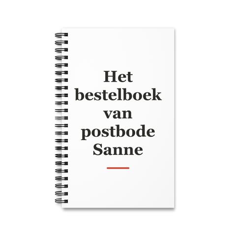 Notitieboek met tekst “Het bestelboek van postbode Sanne” — cadeau voor een postbode