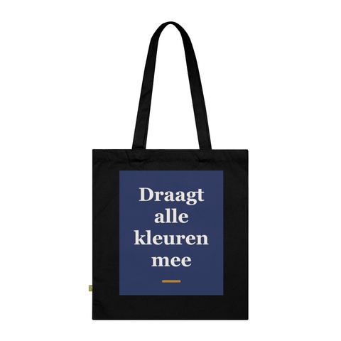 Tote bag met tekst “Draagt alle kleuren mee” — cadeau voor een schilder