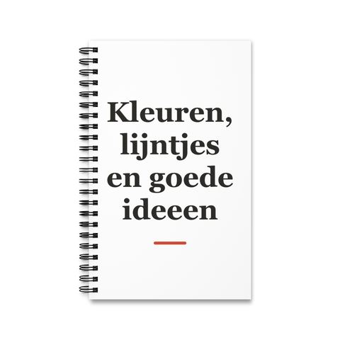 Notitieboek met tekst “Kleuren, lijntjes en goede ideeen” — cadeau voor een schilder
