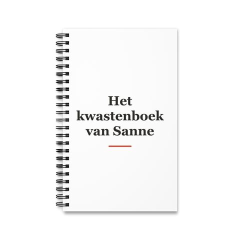 Notitieboek met tekst “Het kwastenboek van Sanne” — cadeau voor een schilder