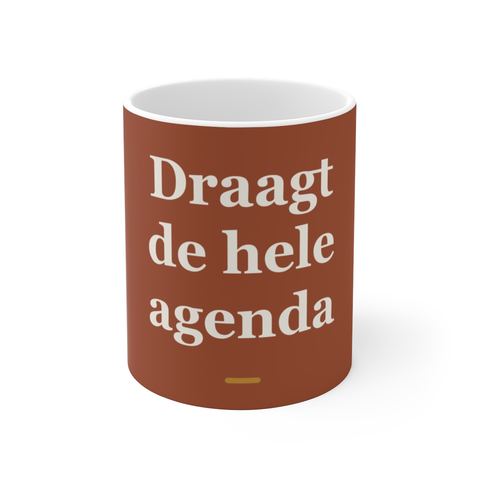 Mok met tekst “Draagt de hele agenda” — cadeau voor een secretaresse