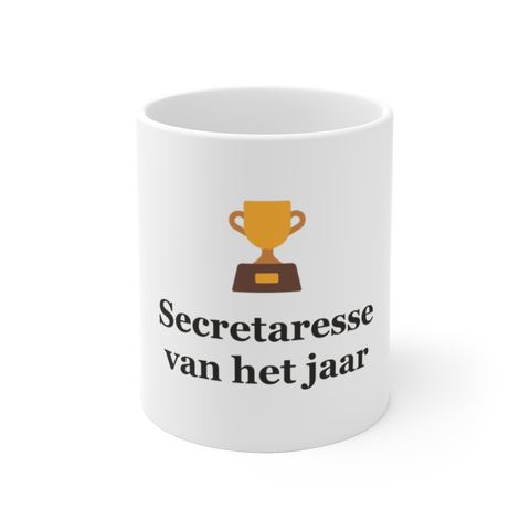 Mok met tekst “Secretaresse van het jaar” — cadeau voor een secretaresse
