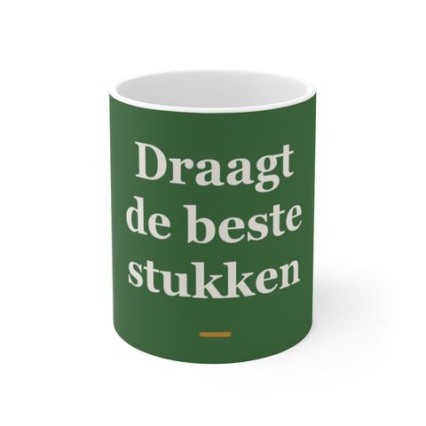 Mok met tekst “Draagt de beste stukken” — cadeau voor een slager