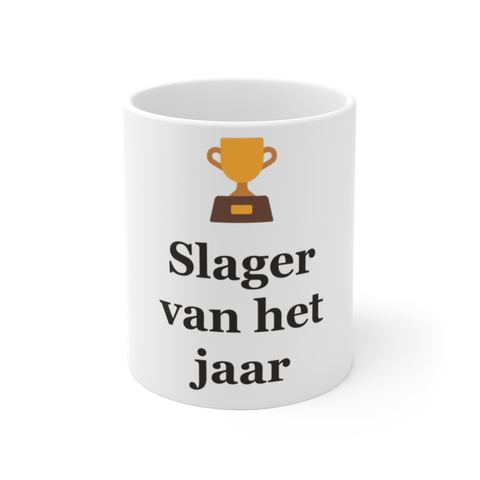 Mok met tekst “Slager van het jaar” — cadeau voor een slager
