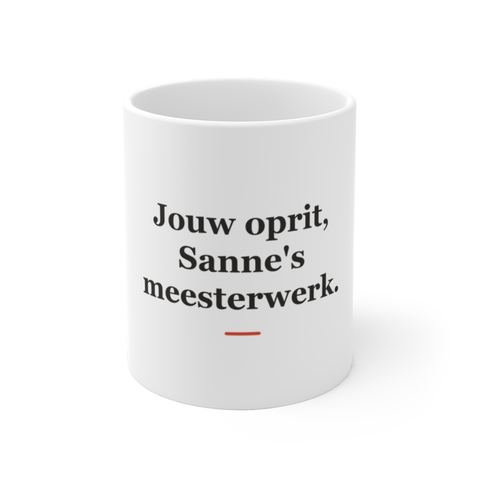 Mok met tekst “Jouw oprit, Sanne's meesterwerk.” — cadeau voor een stratenmaker