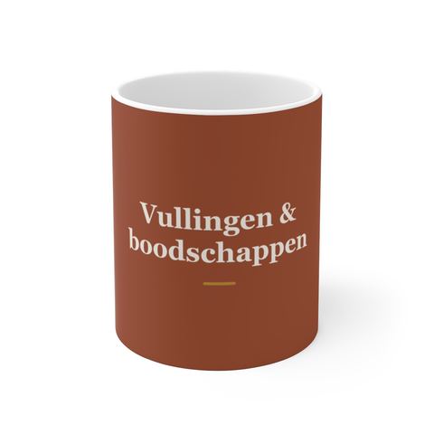 Mok met tekst “Vullingen & boodschappen” — cadeau voor een tandarts