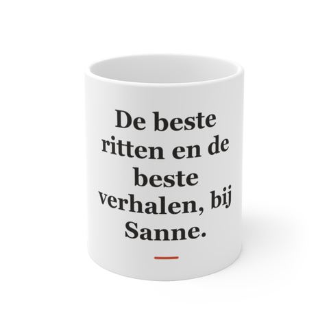 Mok met tekst “De beste ritten en de beste verhalen, bij Sanne.” — cadeau voor een taxichauffeur