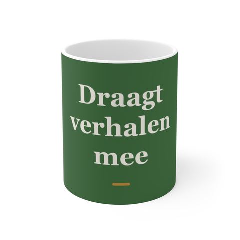 Mok met tekst “Draagt verhalen mee” — cadeau voor een taxichauffeur
