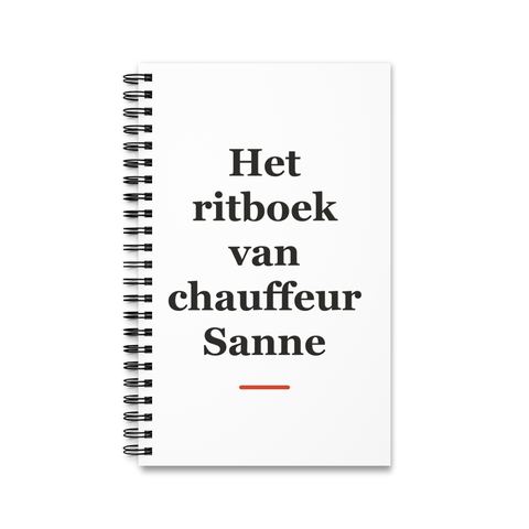 Notitieboek met tekst “Het ritboek van chauffeur Sanne” — cadeau voor een taxichauffeur