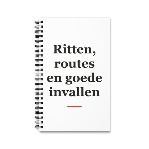 Notitieboek met tekst “Ritten, routes en goede invallen” — cadeau voor een taxichauffeur