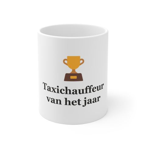 Mok met tekst “Taxichauffeur van het jaar” — cadeau voor een taxichauffeur