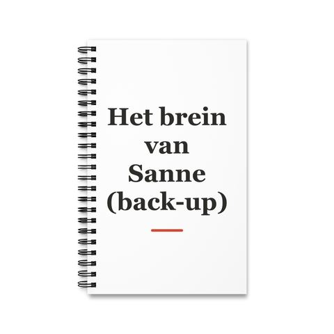 Notitieboek met tekst “Het brein van Sanne (back-up)” — cadeau voor een verloskundige