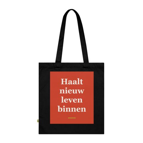 Tote bag met tekst “Haalt nieuw leven binnen” — cadeau voor een verloskundige