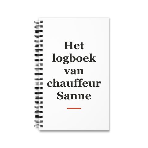 Notitieboek met tekst “Het logboek van chauffeur Sanne” — cadeau voor een vrachtwagenchauffeur