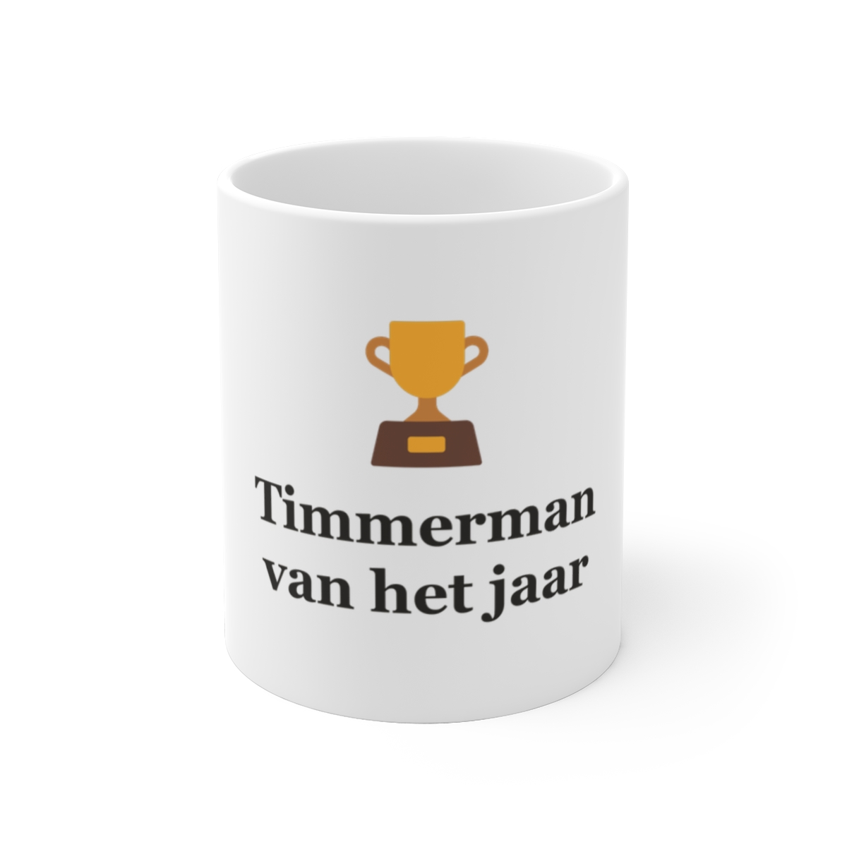 Mok met tekst “Timmerman van het jaar” — cadeau voor een timmerman