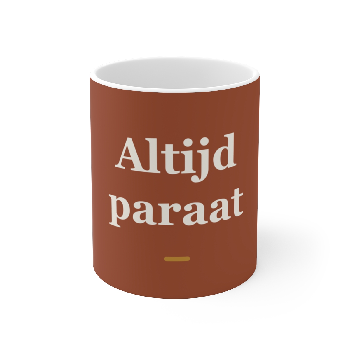 Mok met tekst “Altijd paraat” — cadeau voor een verloskundige