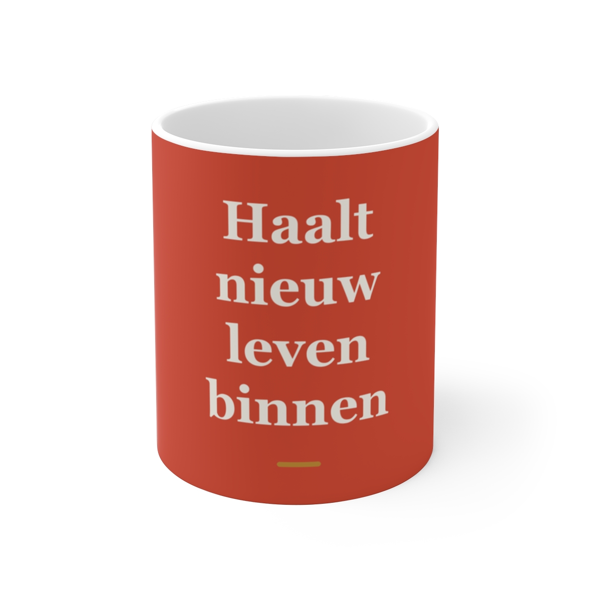 Mok met tekst “Haalt nieuw leven binnen” — cadeau voor een verloskundige