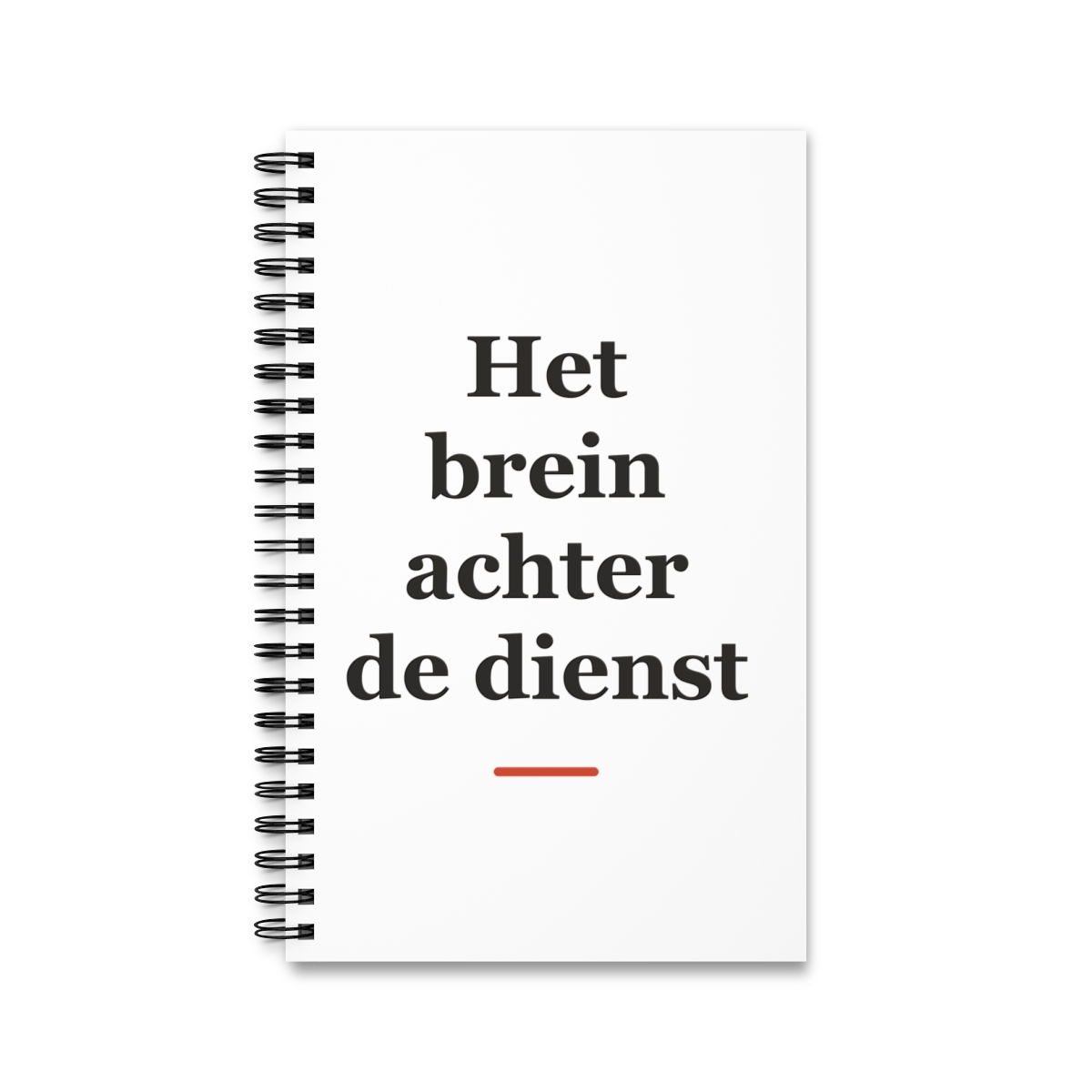 Notitieboek met tekst “Het brein achter de dienst” — cadeau voor een verpleegkundige