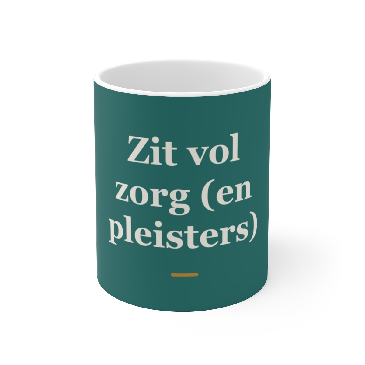 Mok met tekst “Zit vol zorg (en pleisters)” — cadeau voor een verpleegkundige