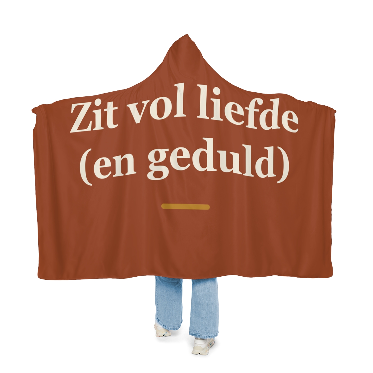 Knuffeldeken met tekst “Zit vol liefde (en geduld)” — cadeau voor een verzorgende