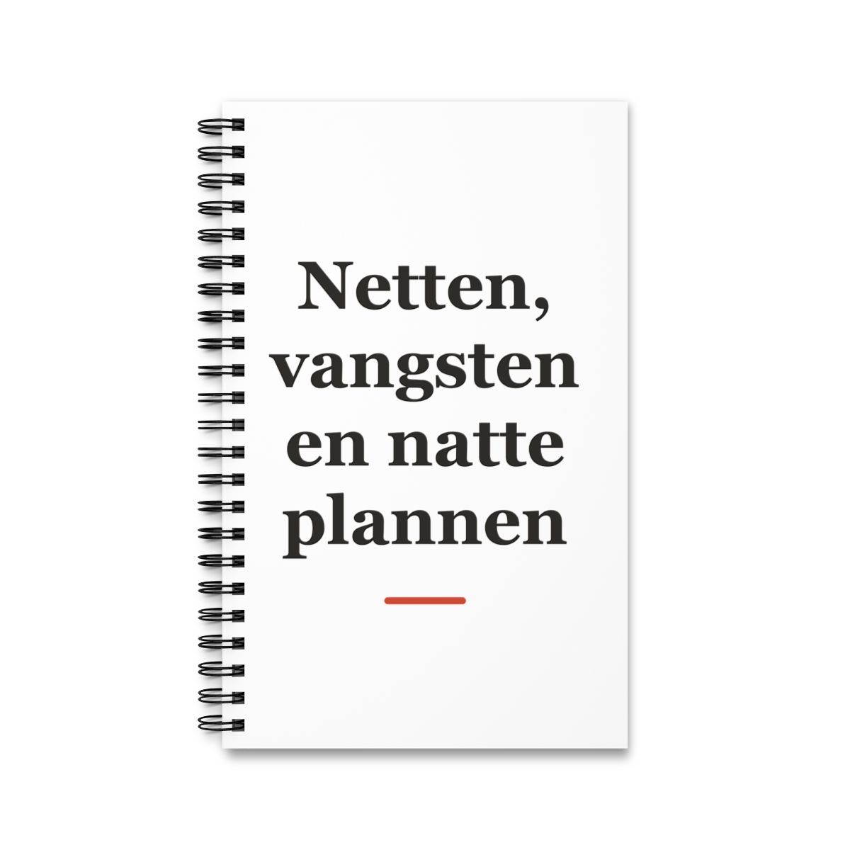 Notitieboek met tekst “Netten, vangsten en natte plannen” — cadeau voor een visser