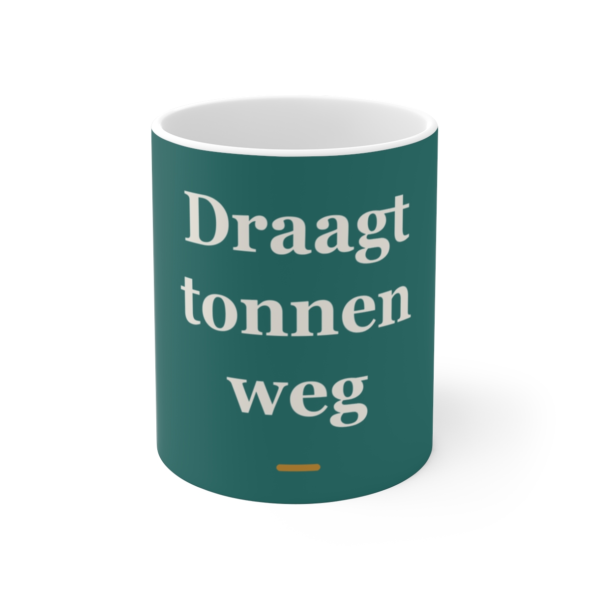 Mok met tekst “Draagt tonnen weg” — cadeau voor een vrachtwagenchauffeur